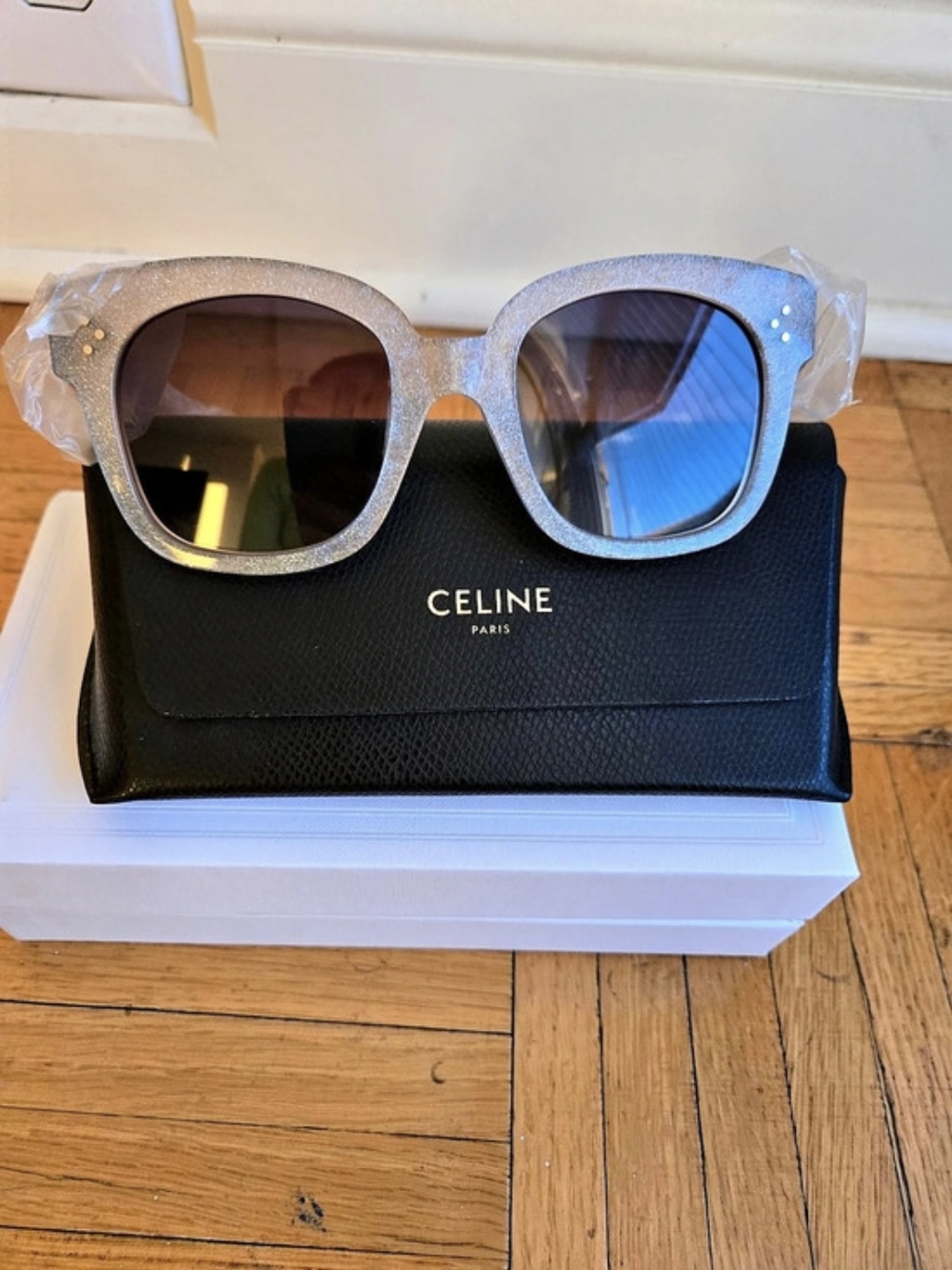Brand New Celine Oversized S002 Sunglasses in Silver Glitter Acetate Gray